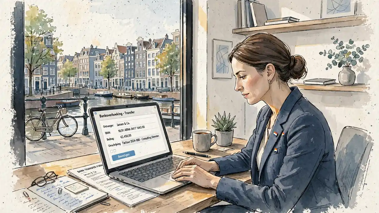 Zakelijke vrouw bekijkt bankoverschrijving in Amsterdam kantoor