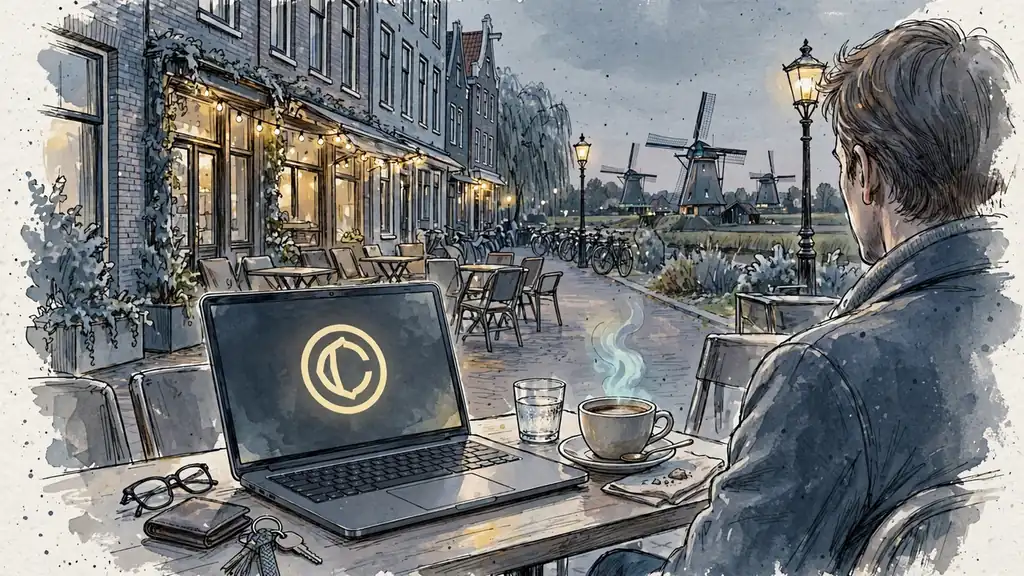 Modern café met laptop en windmolens op de achtergrond
