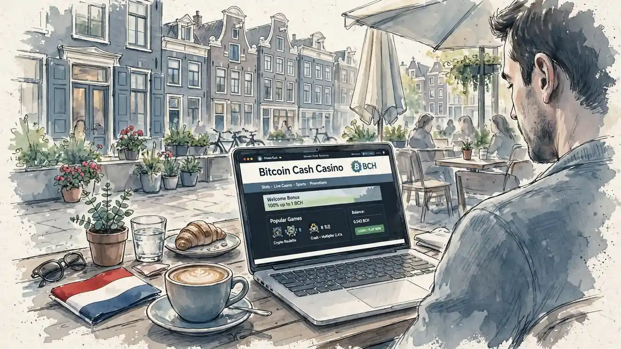 Amsterdam café met laptop en Bitcoin Cash casino