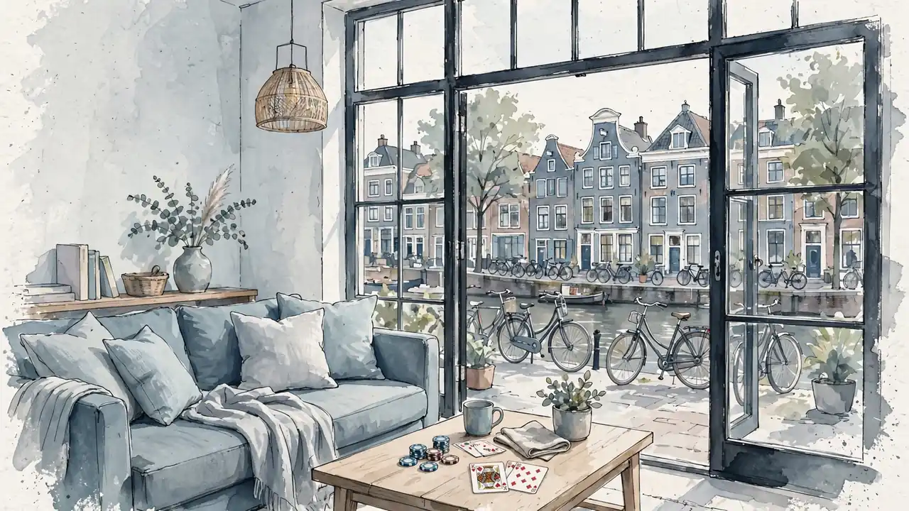 Modern Dutch woonkamer met casinofiches en kaarten