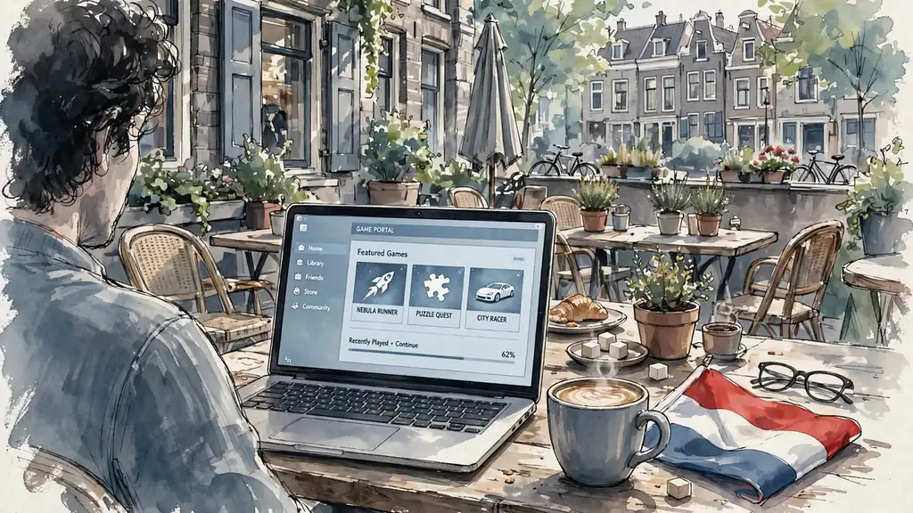 Amsterdam café terras met laptop en casinowebsite
