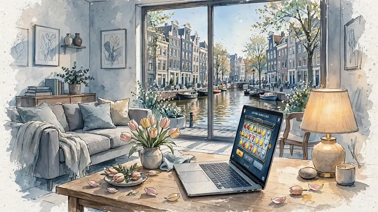 Modern Dutch woonkamer met laptop en casino spel