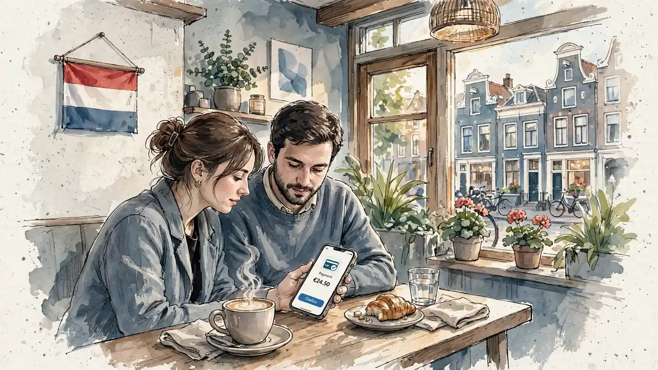Jong stel in Nederlands café met smartphone en Bancontact‑icoon