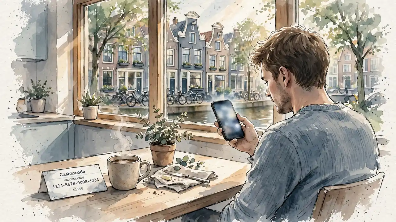 Jong persoon met smartphone en Cashtocode voucher bij een tafel