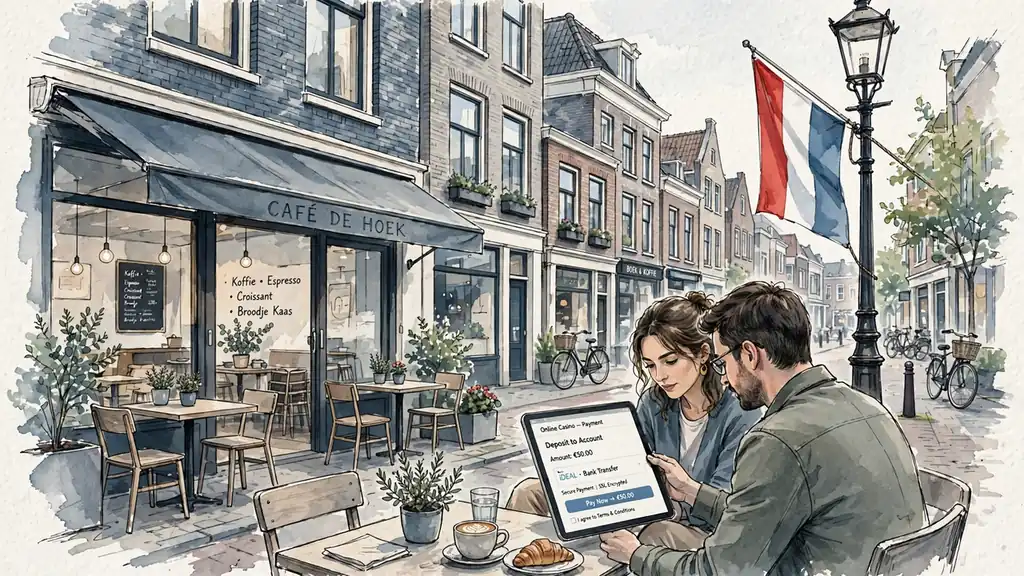 Jonge stel bekijkt betaaloptie in Nederlands café