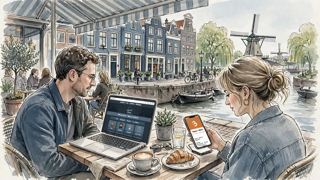 Jong stel met laptop en MuchBetter app op terras in Nederland