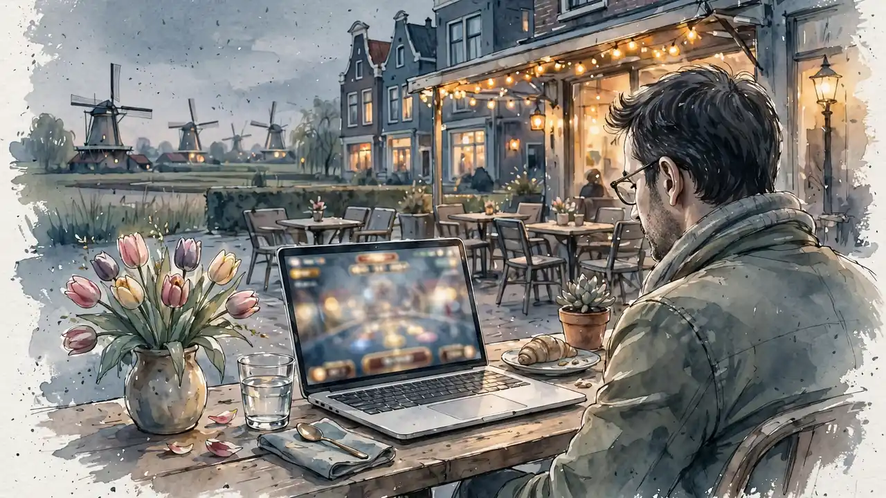 Modern café met laptop en tulpen bij zonsondergang