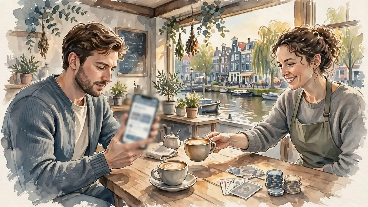 Jong persoon betaalt casino via telefoon in café