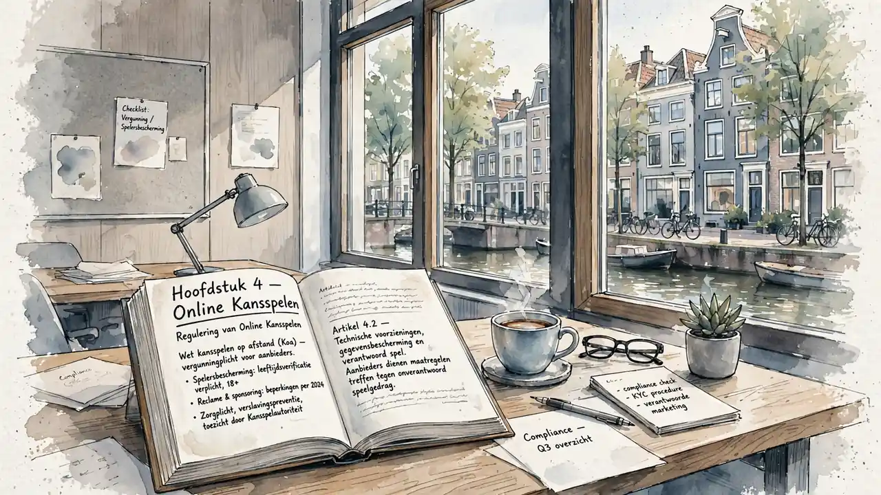 Kantoor met juridische boeken en Nederlands kanaal buiten