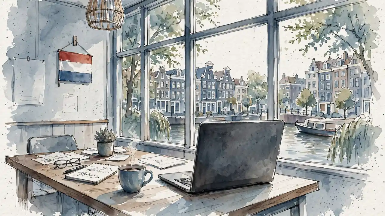 Kantoor met kanaalzicht, laptop en Nederlandse vlag