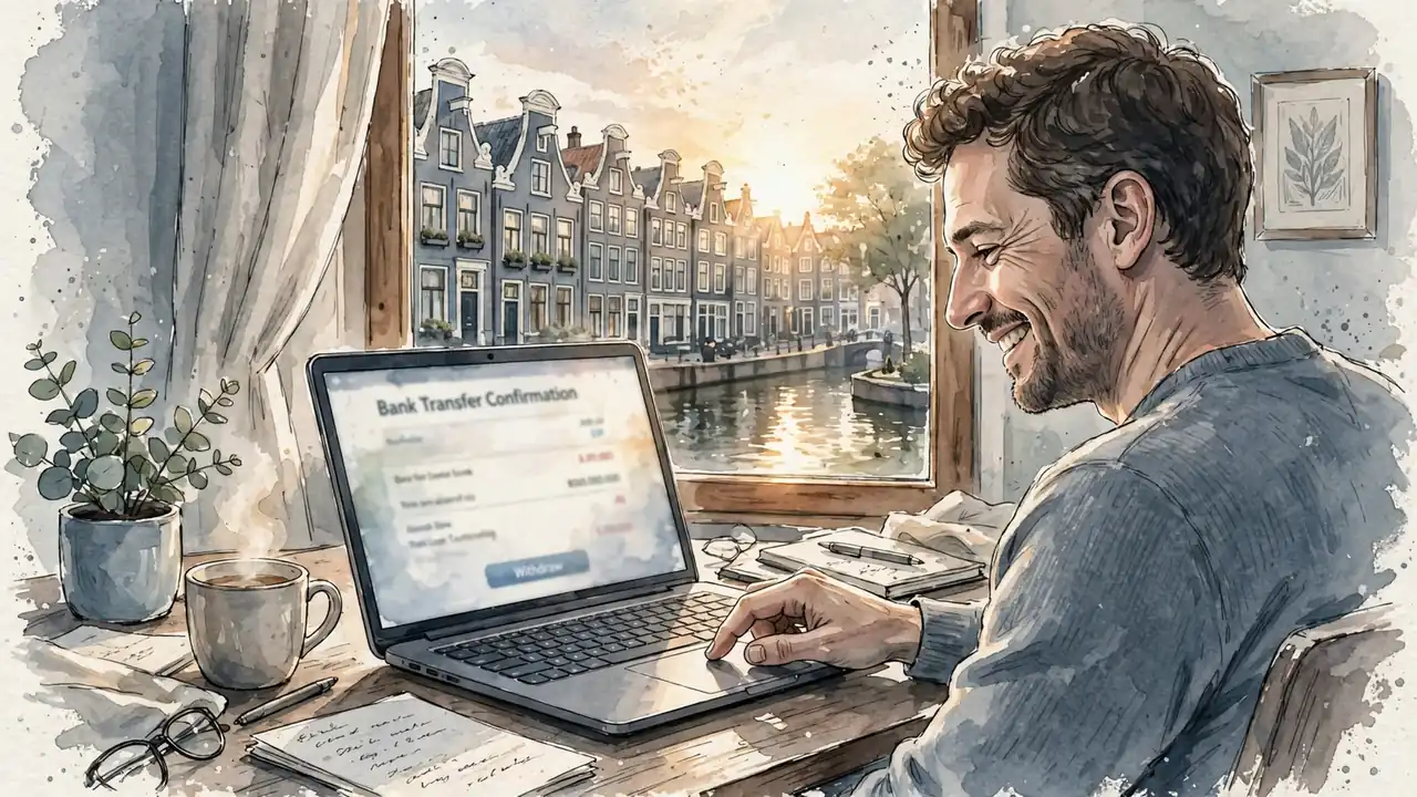Gelukkige Nederlander maakt snelle uitbetaling via laptop bij zonsopgang