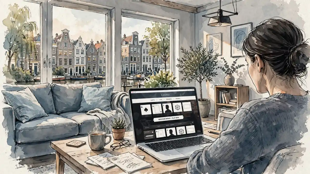 Modern woonkamer met laptop en casino silhouet