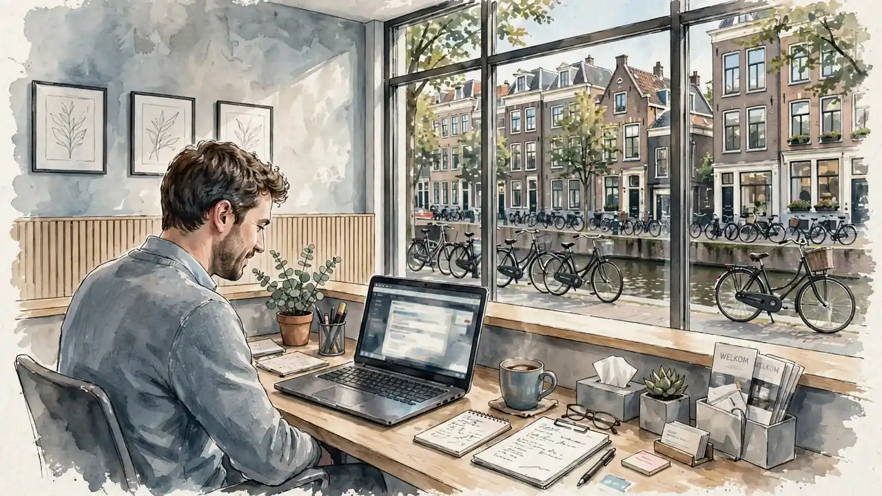 Nederlandse kantoorreceptie met raam en grachtenstraat
