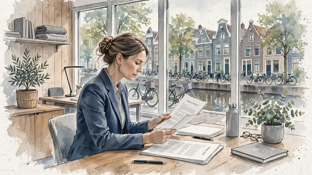 Zakelijke vrouw bekijkt privacybeleid in Nederlands kantoor