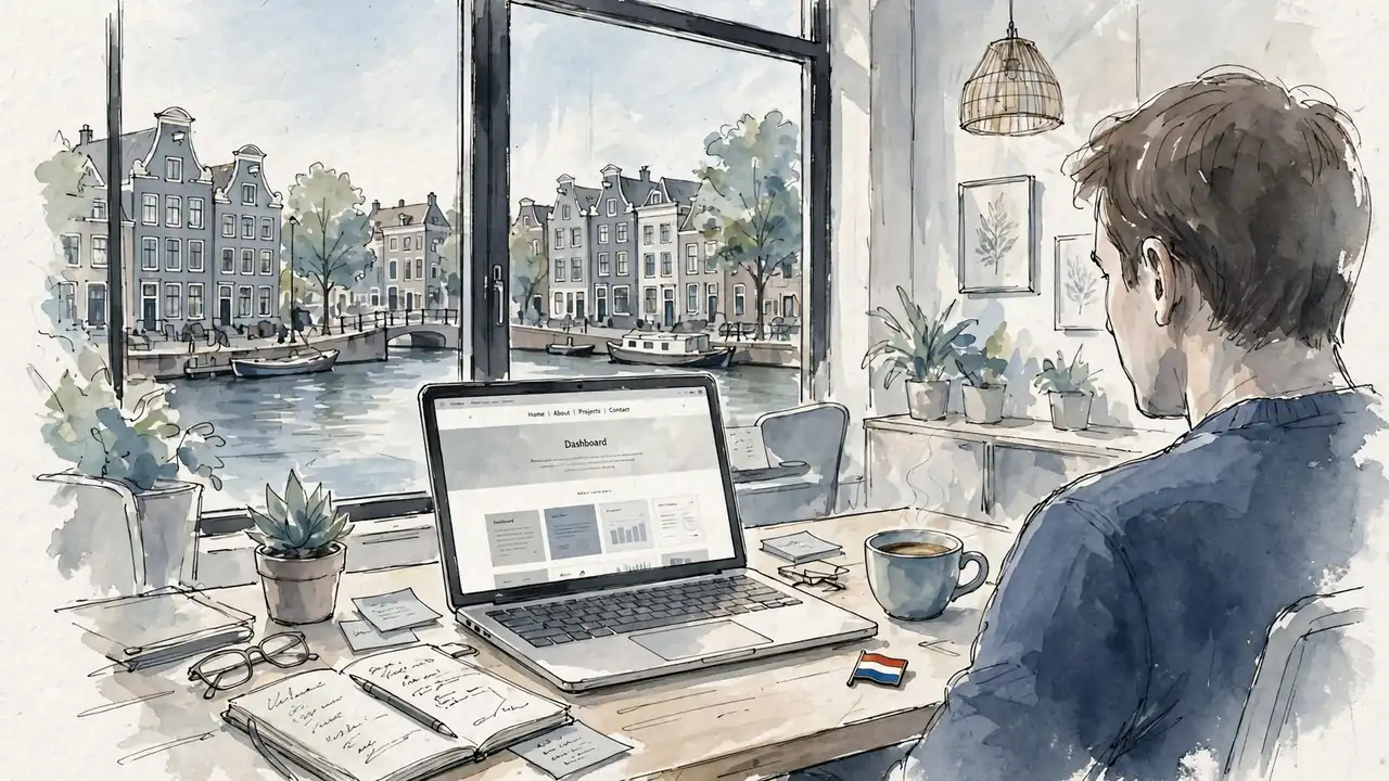 Moderne Nederlandse kantoor met laptop en grachtenachtergrond