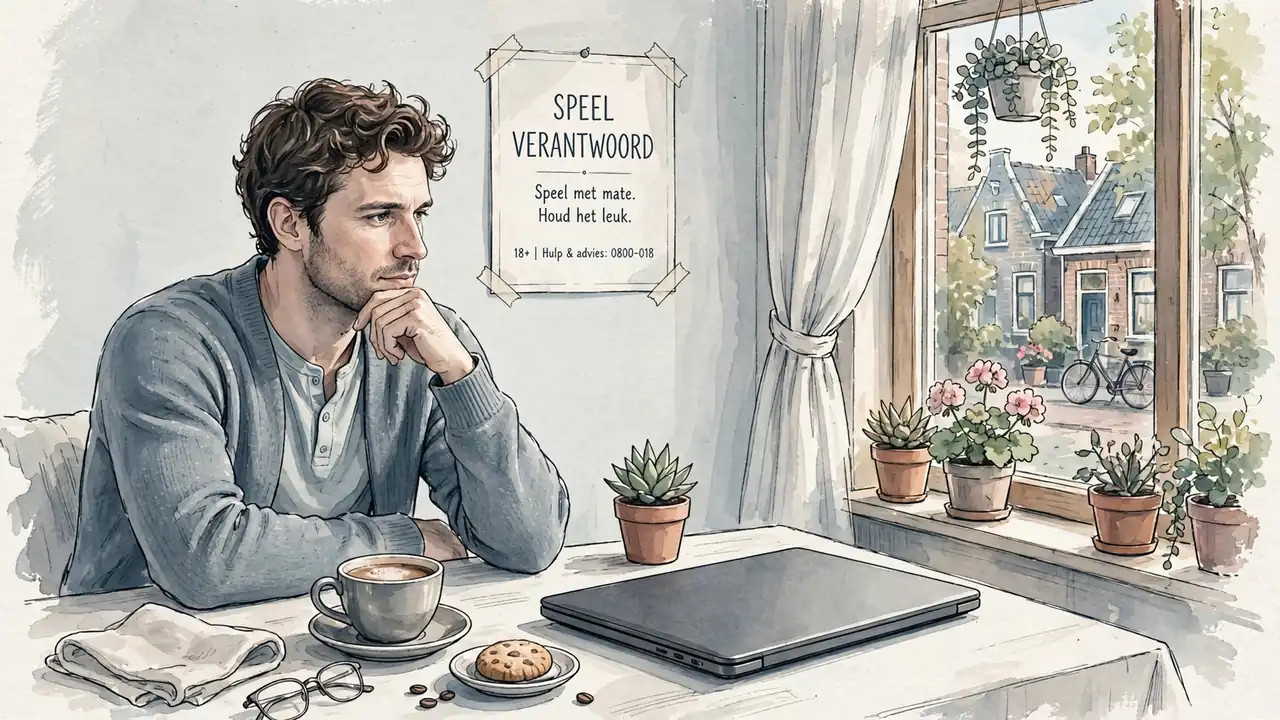 Jonge volwassene bij raam, laptop dicht, verantwoord gokken bord.