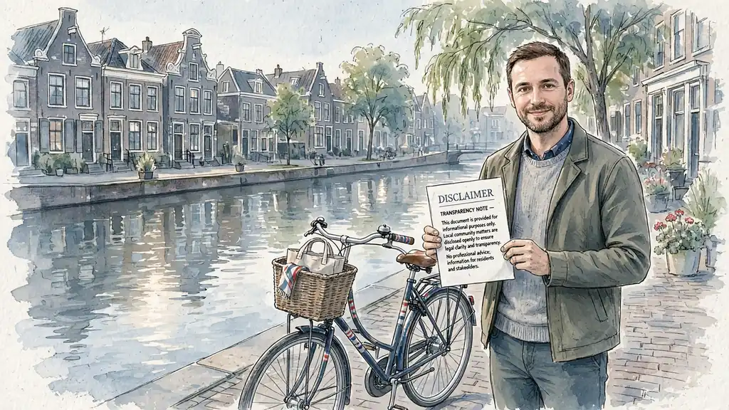 Nederlandse straat met disclaimer document en kanaalhuis